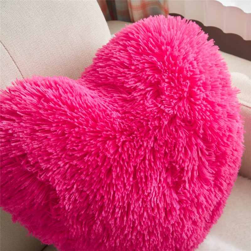 MOOWOO Fluffy Faux Fur Heart Throw Pillow for Valentine's,Mothers Day,Sherpa Plush Fluffy, Solid Color, Heart Shape Pillow for Girls,Hot Pink Love Throw Pillow (Rose Red) - Image 2